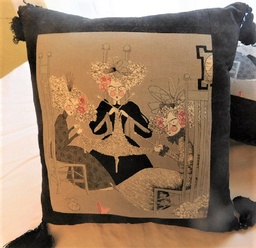 Whimsy Knitting Ladies screenprint  Pillow with tassels